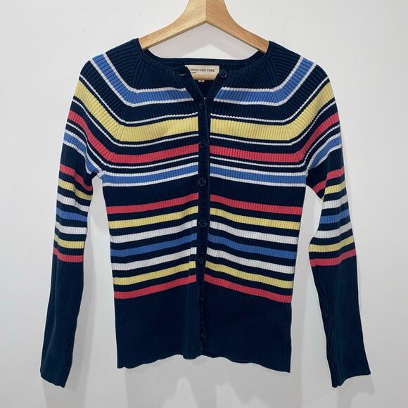 Jones NY Sport 100% Cotton Striped Button Up Cardigan, Women’s Large - Picture 2 of 10